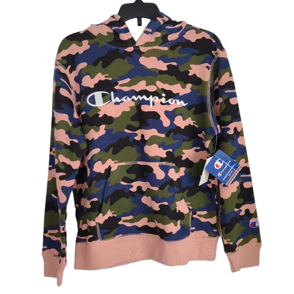 Champion Youth Pink Camo Logo Script Hoodie